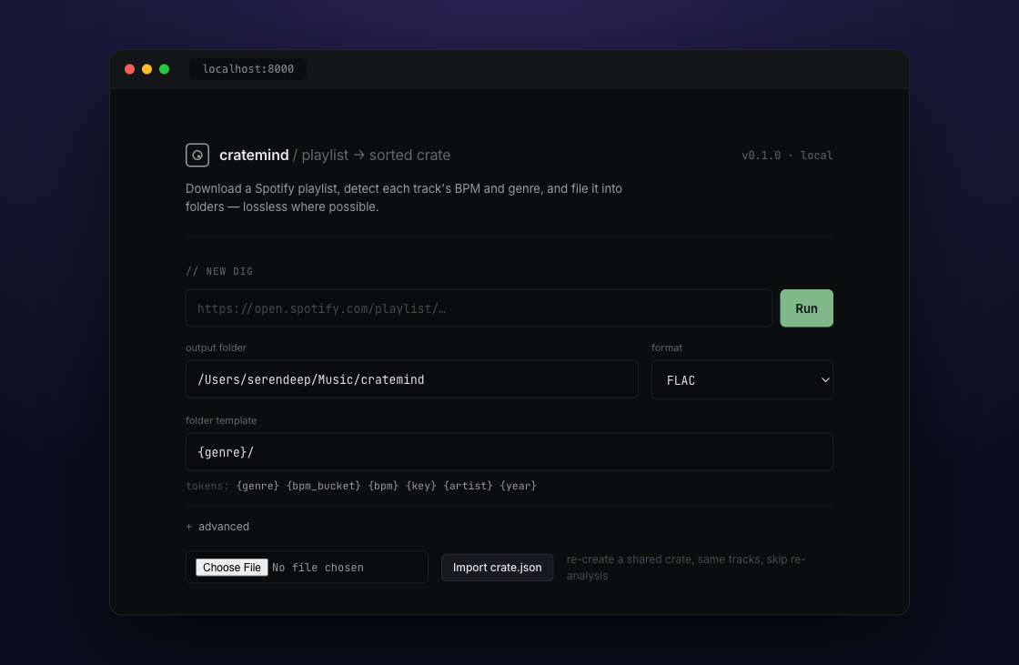 The cratemind interface, running locally in the browser