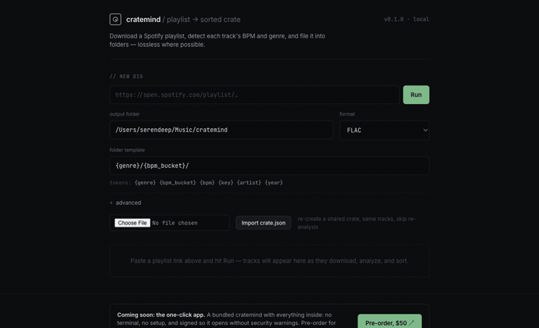 cratemind running a playlist end to end: download, analyze, sort